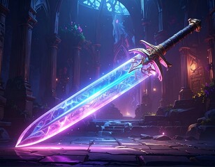 Mystical Sword of Light in Ancient Stone Chamber.
