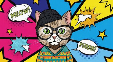 Cat wearing glasses in pin-up style.