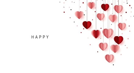 Beautifully crafted 3D paper hearts in varying shades of red and pink, gracefully suspended from above, creating a romantic and celebratory visual for expressions of love and joy