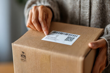Person holds a brown delivery box with a shipping label while standing indoors near a window in daylight