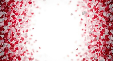 Romantic cascade of sparkling red and pink heart shapes gracefully fluttering against a pristine white backdrop, symbolizing affection, joy, and heartfelt moments perfect for celebrations