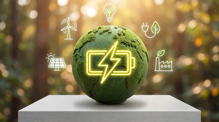Sustainable energy concept with a green globe on a white pedestal surrounded by eco-friendly icons in a forest environment