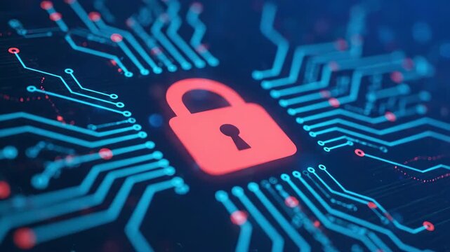 Abstract digital security concept with a red padlock on a glowing blue circuit board background representing data protection.