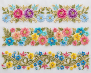 Colorful Floral Embroidery Border Pattern on White Fabric 