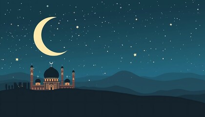 A charming pixel art illustration depicts a small mosque nestled in a serene desert landscape at night, beneath a prominent crescent moon and scattered stars.