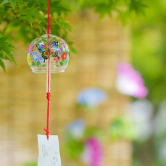 Japanese Glass Wind Chime with Butterfly in Summer Garden