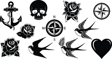Traditional Tattoo Flash Icons Set with Skull Rose Anchor Compass and Swallow Bird, traditional tattoo, old  © Khan Ariful islam