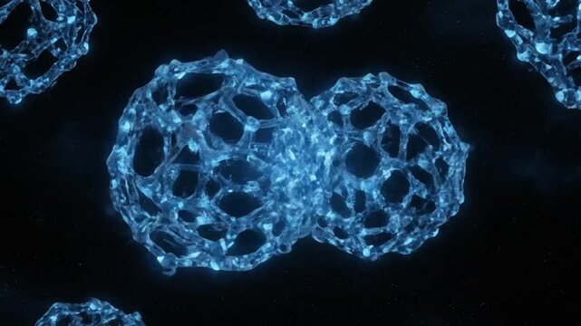 Glowing blue microscopic spherical structures with intricate geometric patterns, representing nanostructures or molecules in a dark, abstract space
