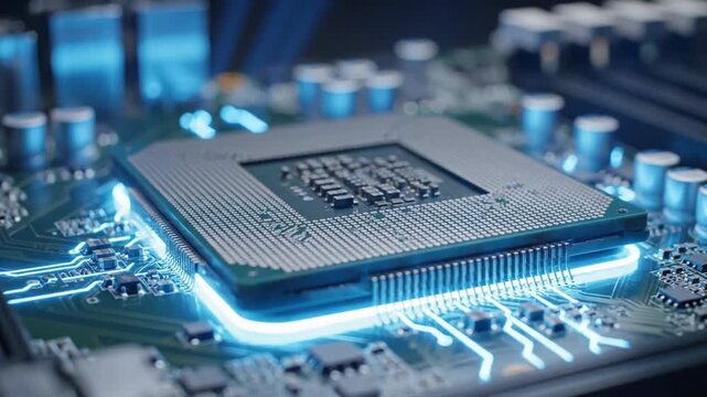 Close-up of a computer motherboard with glowing circuitry