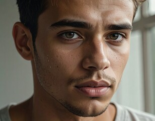 Obraz premium Portrait émotionnel authentique de jeune adulte avec émotion sincère et peau naturelle