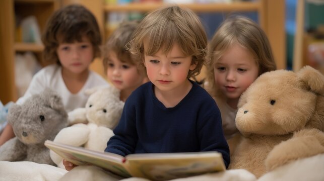 A diverse group of children enjoying story time in a cozy pediatric playroom, surrounded by plush toys and vibrant books, fostering a love for reading and social interaction. cinematic color