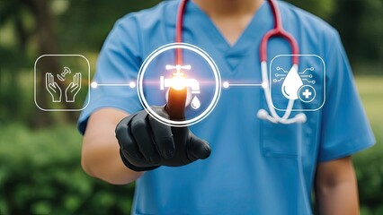 Healthcare professional interacting with digital water conservation interface