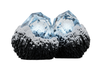 massive, photorealistic fantasy icebergs of dark basalt, snow, and blue-white glowing crystalline ice, floating on black water against a transparent studio background. concept of frozen, magical power