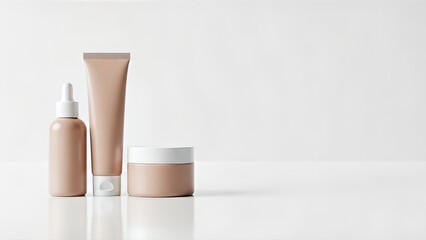 Cosmetic facial care products displayed on a clean white surface, featuring a serum bottle, cream jar, and tube, emphasizing skin care and beauty routines with copy space