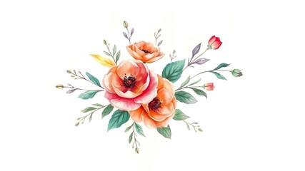 A beautiful watercolor illustration of a bouquet of vibrant orange and red poppies with green leaves on a white background
