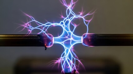 Vivid electric plasma arcs illuminate a dark laboratory, showcasing scientific energy and power.