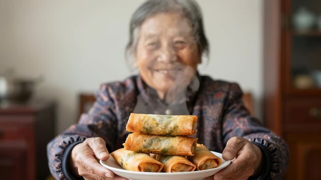 Kind elderly woman holding steaming golden fried spring rolls