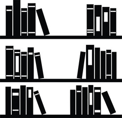 Black silhouette icon illustration of three tiered bookshelves filled with various books © Mahraz