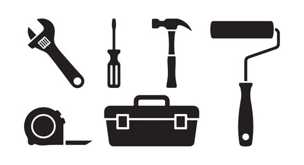 Home maintenance tools silhouette set of wrench, screwdriver, hammer, paint Roller, toolbox 