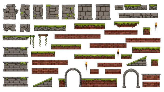 Retro pixel art game assets: stone walls brick platforms mossy ground arches torches for 2D level design.