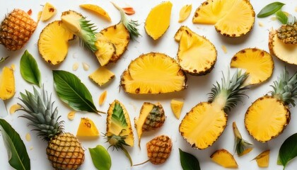 Pineapple Slices and Whole Fruits on White Background.