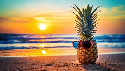 Pineapple with sunglasses enjoying a beach sunset vacation.