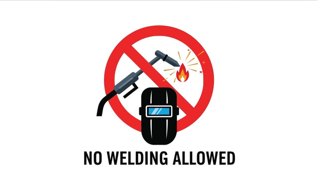 Prohibition sign clearly illustrating that hot work like welding operations are strictly forbidden in this designated area for safety reasons