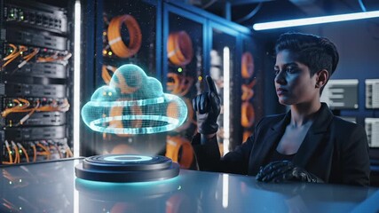 Woman examines cloud computing hologram with data visualization in futuristic server room. Professional analyzes cloud storage hologram displaying network patterns. IT specialist monitors cloud techno - Powered by Adobe