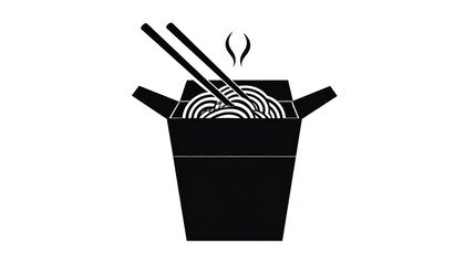 Noodles in a Takeout Box - A Simple Black and White Illustration.