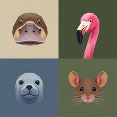 Obraz premium Faceted geometric heads of a duck, pink flamingo, seal, and field mouse use a soft color palette to highlight each species' unique features.