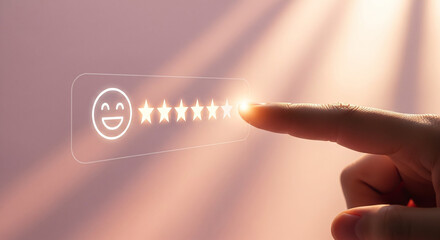 Customer hand giving a five star rating on a digital virtual interface with a happy smiley icon for excellent feedback and high satisfaction service