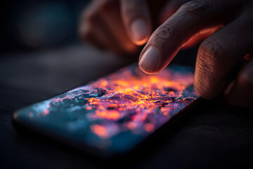 Person using smartphone with vibrant display at night in a dimly lit room