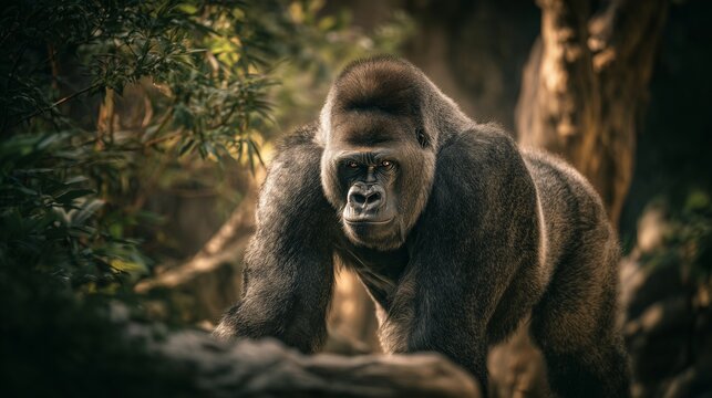 A hyperrealistic, striking photograph of a powerful adult silverback gorilla in its naturalistic habitat within a well-designed 