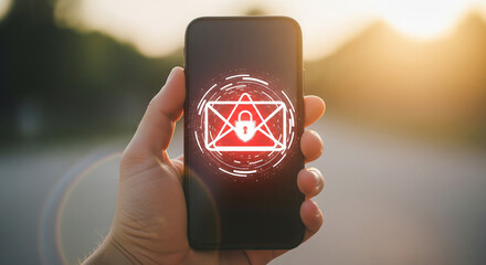 Hand holding a smartphone displaying a red glowing envelope with a padlock icon representing secure email communication encrypted messaging and mobile cyber data protection privacy