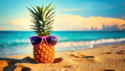 Pineapple with sunglasses on a beach, summer vacation concept.