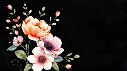 Elegant watercolor floral arrangement showcasing vibrant blossoms and lush foliage artfully set against a striking dark backdrop, perfect for decorative design elements