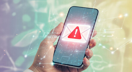 Hand holding a smartphone showing a red triangle exclamation mark warning icon on a digital email envelope representing a phishing scam alert or cyber security breach