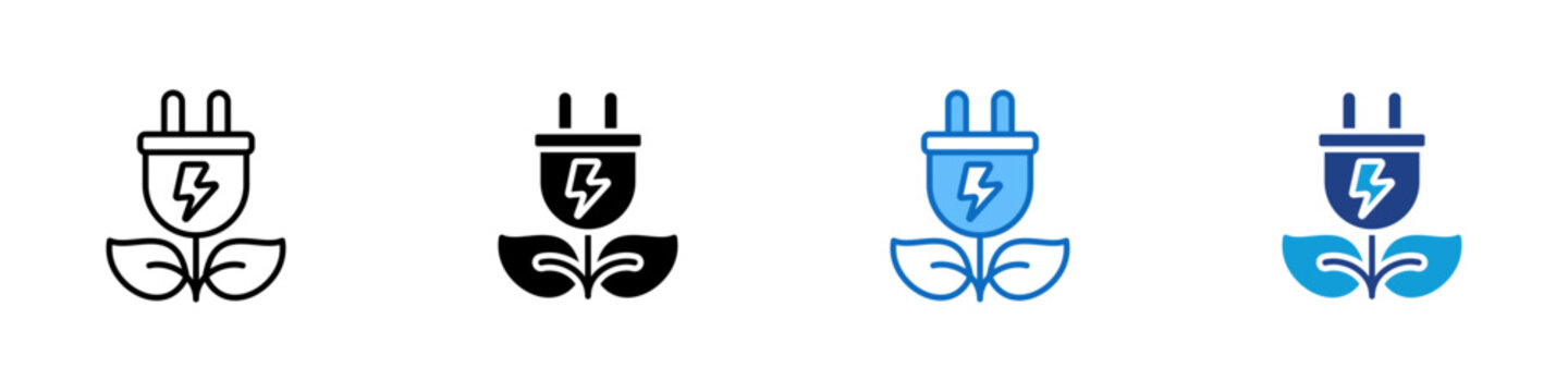 Renewable Energy Multiple Style Icon Design Vector - Renewable power symbol with plug and leaf representing clean energy sources and sustainable electricity