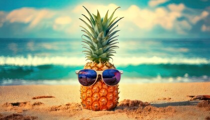 Pineapple with Sunglasses on Beach - A Tropical Summer Vibe.