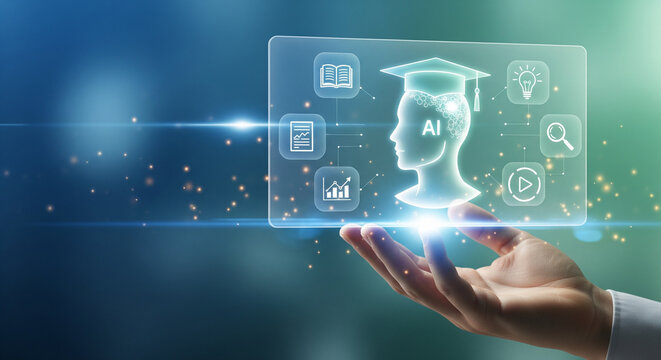 Hand holding glowing virtual screen displaying artificial intelligence in education concept with student head icon graduation cap and digital icons for smart online learning - Powered by Adobe