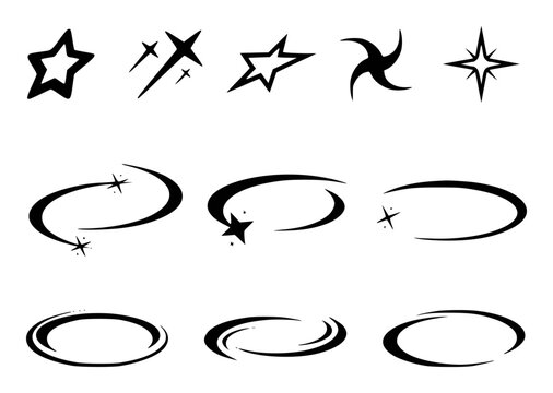 Collection of black starbursts and swoosh shapes with sparkles white twinkle