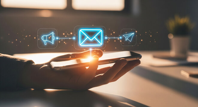 Person holding smartphone with glowing email envelope and marketing icons representing digital communication online message delivery newsletter subscription and business social media contact strategy - Powered by Adobe