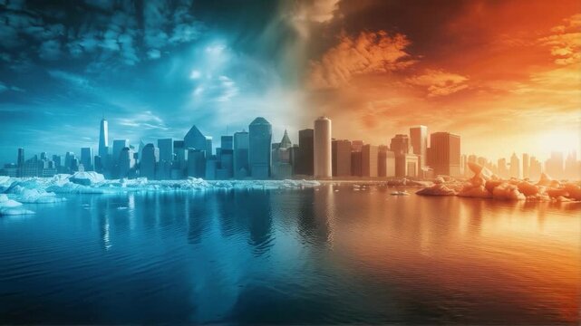 The dramatic contrast between the frozen city and the burning metropolis illustrates the global climate crisis, highlighting the threat of ecological disaster &mdash; the perfect atmospheric backdrop for pr