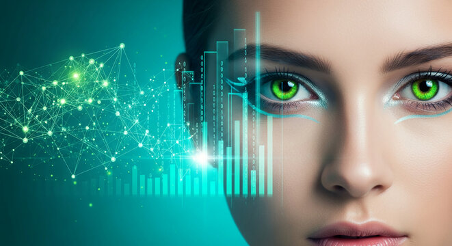 Close-up of woman face with green eye, overlaid with digital network and binary code, symbolizing data, connection, technology and future trends - Powered by Adobe