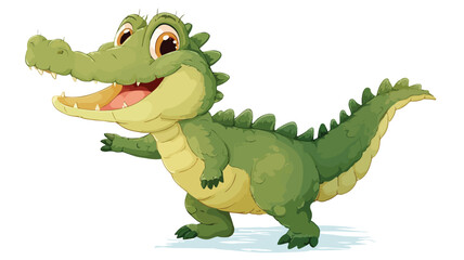 Obraz premium Cheerful Cartoon Cute Baby Crocodile Waving on White Vector with Outline