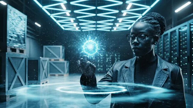 Woman scientist interacts with holographic sphere in futuristic data center warehouse with server rack. Engineer examines glowing holographic orb in facility. Businesswoman touches holographic interfa