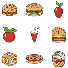 Collection of Cartoon Food and Drink Icons Isolated on Grey