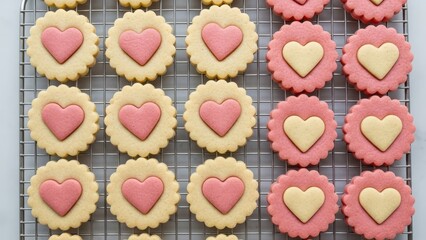 Delicious heart-shaped sugar cookies cooling on a wire rack, perfect for celebrations