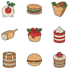 Assorted Cute Dessert and Fast Food Vector Icons Set