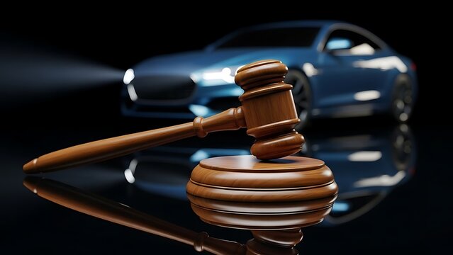 Auction gavel and a sleek blue car representing vehicle sales and legal matters